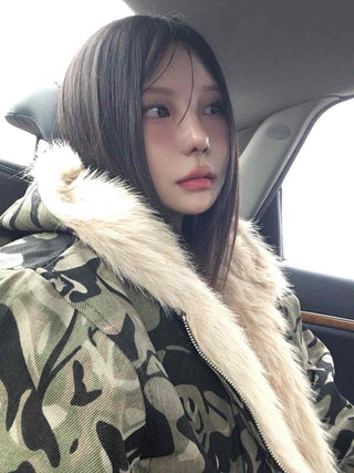 Real Raccoon Fur Camouflage Short Padded Jumper