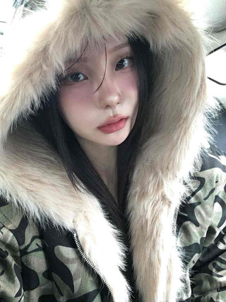 Real Raccoon Fur Camouflage Short Padded Jumper