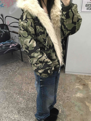 Real Raccoon Fur Camouflage Short Padded Jumper