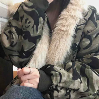 Real Raccoon Fur Camouflage Short Padded Jumper