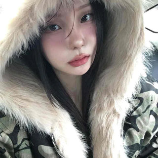 Real Raccoon Fur Camouflage Short Padded Jumper