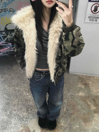 Real Raccoon Fur Camouflage Short Padded Jumper