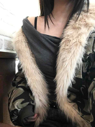 Real Raccoon Fur Camouflage Short Padded Jumper