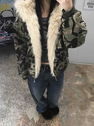Real Raccoon Fur Camouflage Short Padded Jumper