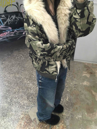 Real Raccoon Fur Camouflage Short Padded Jumper