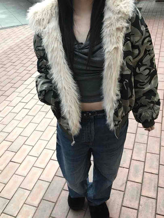 Real Raccoon Fur Camouflage Short Padded Jumper