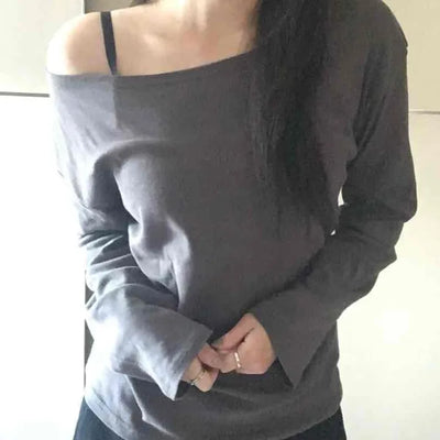 Sexy Asme Slide Shoulder Cutout Long Sleeve T-shirt
