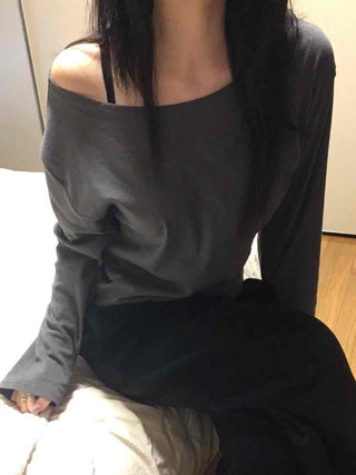 Sexy Asme Slide Shoulder Cutout Long Sleeve T-shirt