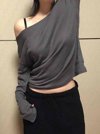 Sexy Asme Slide Shoulder Cutout Long Sleeve T-shirt