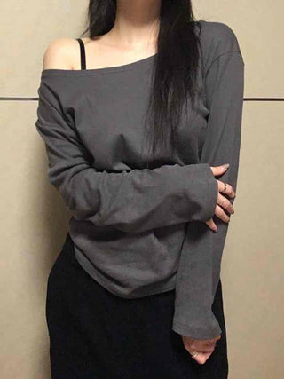 Sexy Asme Slide Shoulder Cutout Long Sleeve T-shirt