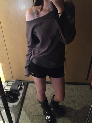 Sexy Asme Slide Shoulder Cutout Long Sleeve T-shirt
