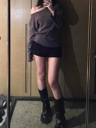Sexy Asme Slide Shoulder Cutout Long Sleeve T-shirt