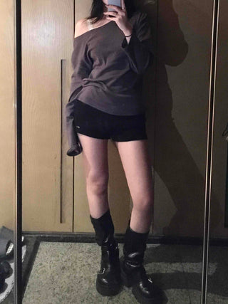 Sexy Asme Slide Shoulder Cutout Long Sleeve T-shirt