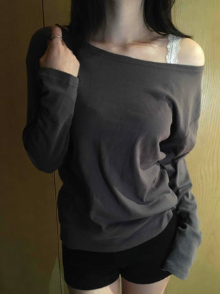 Sexy Asme Slide Shoulder Cutout Long Sleeve T-shirt