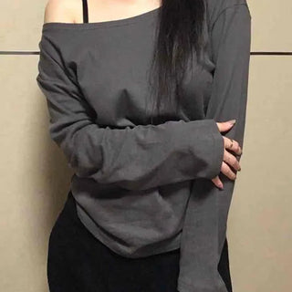Sexy Asme Slide Shoulder Cutout Long Sleeve T-shirt