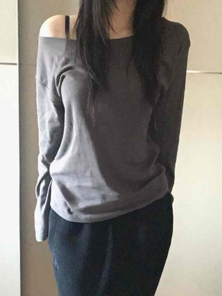 Sexy Asme Slide Shoulder Cutout Long Sleeve T-shirt