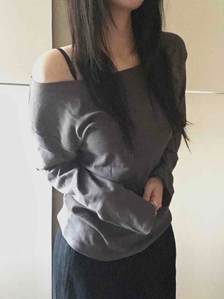 Sexy Asme Slide Shoulder Cutout Long Sleeve T-shirt