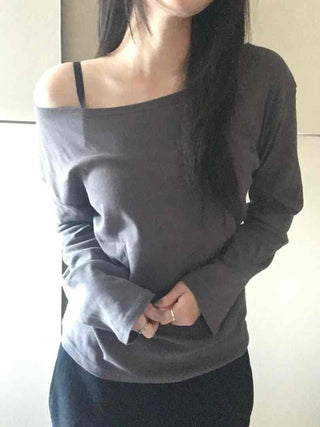 Sexy Asme Slide Shoulder Cutout Long Sleeve T-shirt