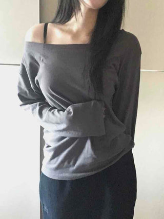 Sexy Asme Slide Shoulder Cutout Long Sleeve T-shirt