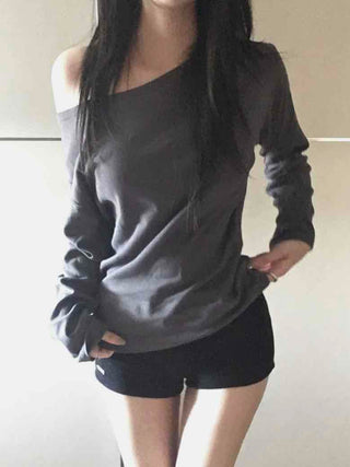 Sexy Asme Slide Shoulder Cutout Long Sleeve T-shirt