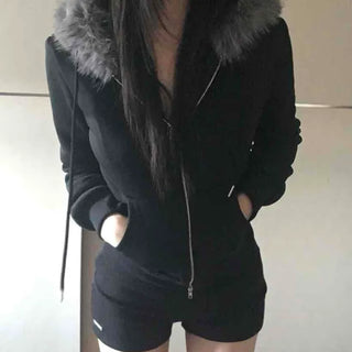Big Collar Eco-fur Slim Waist Drawstring Zip-up
