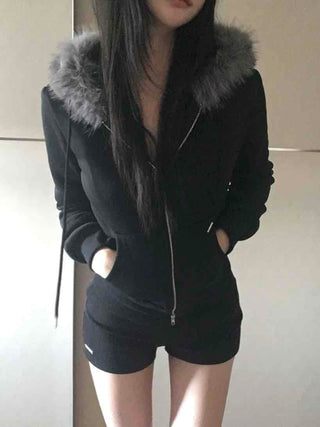 Big Collar Eco-fur Slim Waist Drawstring Zip-up