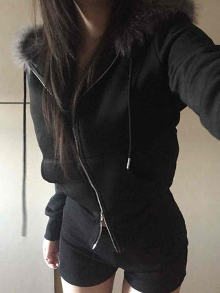 Big Collar Eco-fur Slim Waist Drawstring Zip-up
