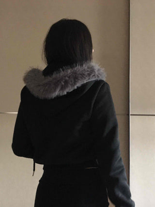 Big Collar Eco-fur Slim Waist Drawstring Zip-up