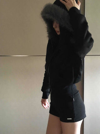 Big Collar Eco-fur Slim Waist Drawstring Zip-up