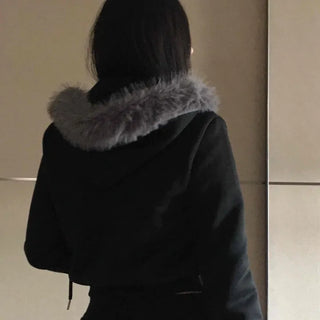 Big Collar Eco-fur Slim Waist Drawstring Zip-up