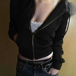 Big Collar Eco-fur Slim Waist Drawstring Zip-up