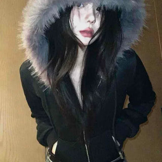 Big Collar Eco-fur Slim Waist Drawstring Zip-up