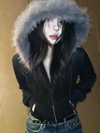 Big Collar Eco-fur Slim Waist Drawstring Zip-up