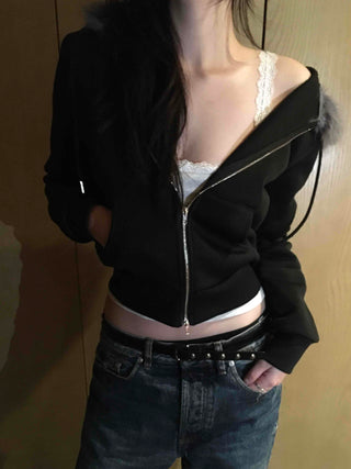 Big Collar Eco-fur Slim Waist Drawstring Zip-up