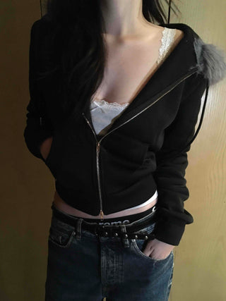 Big Collar Eco-fur Slim Waist Drawstring Zip-up