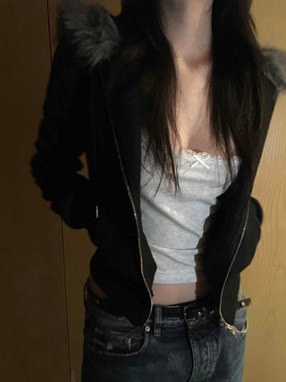 Big Collar Eco-fur Slim Waist Drawstring Zip-up
