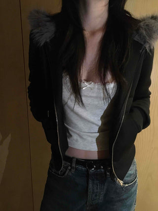 Big Collar Eco-fur Slim Waist Drawstring Zip-up