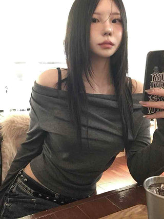Glam & Chic Poly Neckline Crop Long Sleeve T-shirt