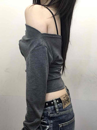 Glam & Chic Poly Neckline Crop Long Sleeve T-shirt