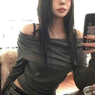 Glam & Chic Poly Neckline Crop Long Sleeve T-shirt