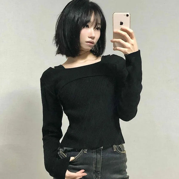 Ribbed Flare Slim Fit Off-Shoulder Knit