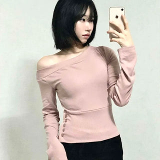 Sexy Fit Off-Shoulder Side Button Slim Fit Sweatshirt
