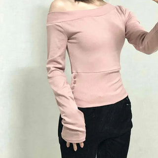 Sexy Fit Off-Shoulder Side Button Slim Fit Sweatshirt
