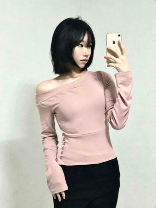 Sexy Fit Off-Shoulder Side Button Slim Fit Sweatshirt