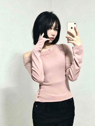 Sexy Fit Off-Shoulder Side Button Slim Fit Sweatshirt