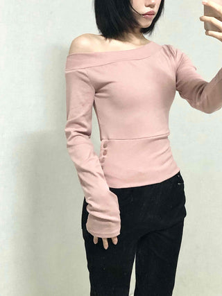 Sexy Fit Off-Shoulder Side Button Slim Fit Sweatshirt
