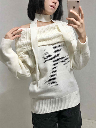 Vintage Cross Print Loose Fit Off-Shoulder Knit