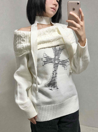 Vintage Cross Print Loose Fit Off-Shoulder Knit
