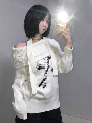 Vintage Cross Print Loose Fit Off-Shoulder Knit