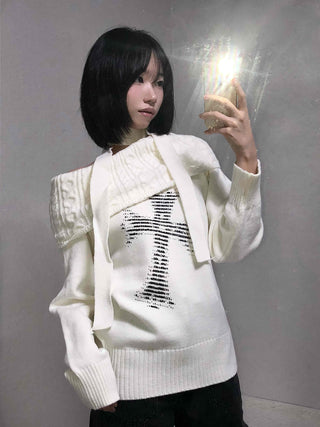 Vintage Cross Print Loose Fit Off-Shoulder Knit